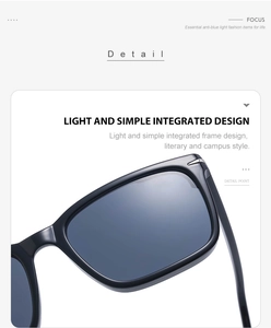 Detail of square black frame glasses featuring anti-blue light lenses and integrated design