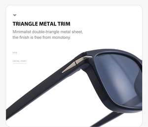 Detail of minimalist sunglasses featuring triangle metal trim on a black polished frame