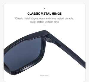 Detail view of durable classic metal hinges and black plating on square sunglasses