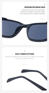 Detail of integrated nose pads and wavy non-slip temple texture on black square sunglasses
