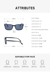 Detailed size chart and technical specifications for square frame PC sunglasses