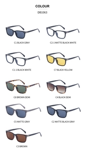 Detailed grid of rectangular sunglasses in nine colors with UV protection frames