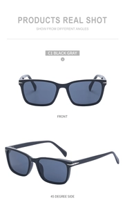 Front and 45-degree views of square black frames with silver arrow metal accents