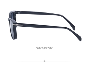 Side view of square black sunglasses with silver arrow metal detail on the temple