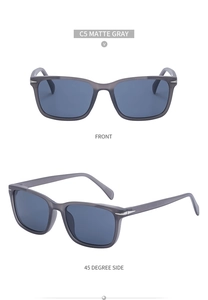 Front and 45-degree side view of matte gray rectangular sunglasses with blue lenses