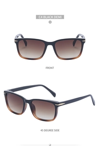 Front and side view of square sunglasses with black demi frames and brown lenses