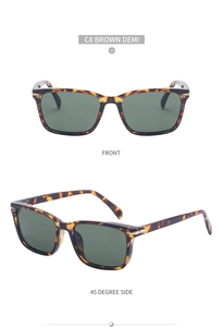 Close-up of square frame sunglasses in brown demi with front and 45-degree side views