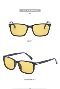Front and 45-degree side views of black square sunglasses with yellow lenses