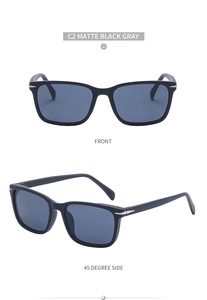 Front and 45-degree views of matte black square sunglasses with silver arrow detail