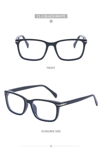 Front and side view of square black frames with silver decorative corner accents