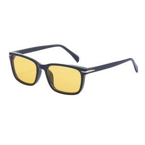 Retro square sunglasses with black frame, yellow lenses and golden arrow accents