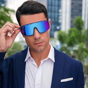 Blue frame cycling sports sunglasses with colorful purple reflective lenses for men