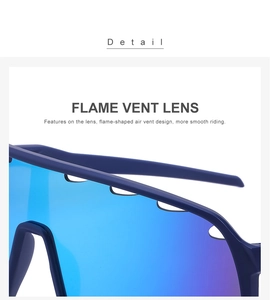 Detail view of flame-shaped ventilation vents on blue gradient lens of sports cycling sunglasses