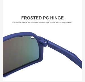 Detail of blue cycling sunglasses featuring a frosted PC hinge for durability and comfort