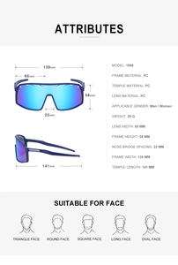 Detailed dimension guide for large frame cycling sunglasses with blue lenses