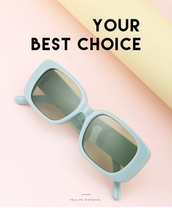 Detail view of mint green rectangle sunglasses with full PC material and leg specifications
