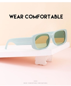 Detail of trendy mint green rectangle sunglasses on a white pedestal with soft background