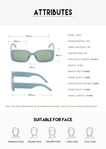 Detailed size specifications for square frame sunglasses with blue PC material frames