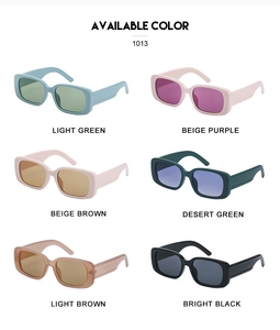 Collection of small rectangular sunglasses in six trendy colors with broad temples