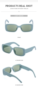 Three-angle view of light green rectangle sunglasses with thick retro frames and temples