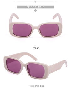 Front and 45-degree side views of beige rectangle sunglasses with purple lenses