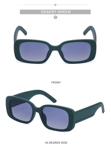 Front and side view of desert green rectangular sunglasses with purple gradient lenses