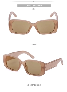 Detail of light brown rectangle sunglasses showing front and 45-degree side views