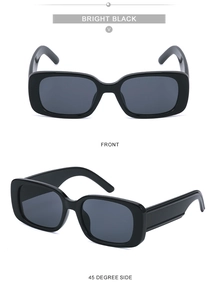 Detailed front and side views of vintage bright black wide-temple square sunglasses