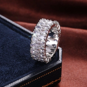 Macro detail of double row marquise cut cubic zirconia eternity ring in silver finish