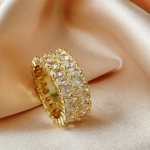 Luxury Eternity Ring Copper Gold Plated Cubic Zirconia Stacked Row Pear Cut Fashion Jewelry Women