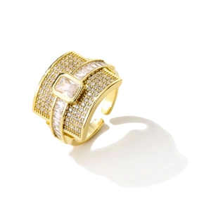 Luxurious gold-plated open ring with rectangle zircon center and pave-set crystal layers