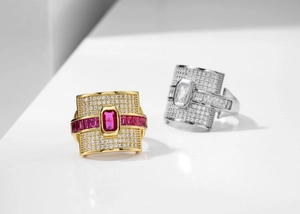 Detail of vintage luxury wide rings with micro-paved zircons and rectangular ruby gemstone