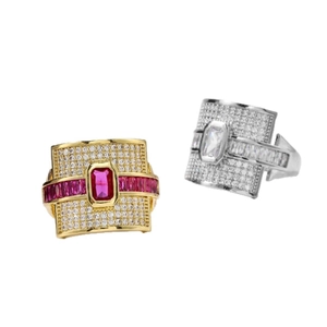 Luxurious wide pave-set zircon rings with rectangular ruby and crystal center stones