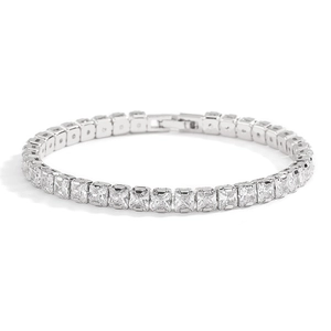 Classic tennis bracelet with square-cut cubic zirconia and secure clasp in silver finish