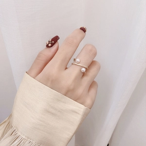 Elegant gold double-layer open ring with white pearls and micro-pave crystals