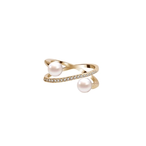 Elegant double-layered golden ring featuring two pearls and sparkling zircon accents