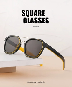 Detail of square sunglasses with dual bridge and contrast black and yellow frame
