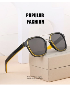 Detail of trendy retro double-bridge sunglasses with black and yellow square frames