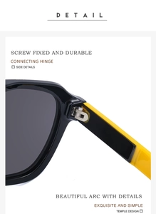 Detail showing screw-fixed metal hinge and durable yellow temple design on sunglasses