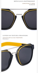 Macro view of retro square sunglasses featuring black and yellow frame with silver double bridge
