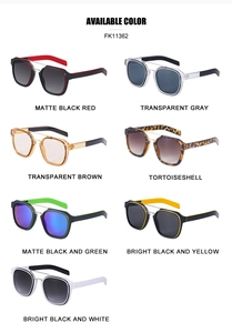 Vertical catalog of square retro sunglasses in seven assorted colors with metal bridge
