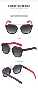 Three-angle view of vintage double-bridge sunglasses with matte black and red frames
