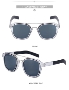 Transparent gray square sunglasses with silver double bridge and bicolor temples