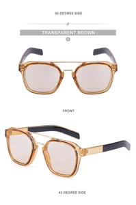 Retro double bridge sunglasses in transparent brown frame with a three-view layout