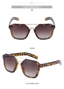 Detailed front and side view of tortoiseshell sunglasses with double bridge metal frame