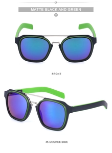 Front and 45-degree views of matte black and green double bridge square sunglasses