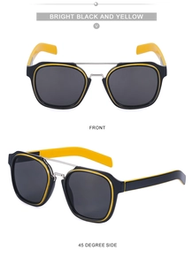 Front and 45-degree side views of black and yellow double bridge square sunglasses