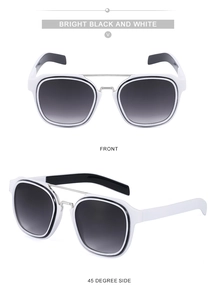 Front and side view of vintage double bridge sunglasses with black and white frames