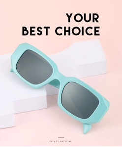Detail of mint green rectangular sunglasses with wide temples and full PC material structure
