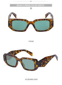 Detailed view of tortoiseshell rectangle sunglasses with thick frame and green lenses